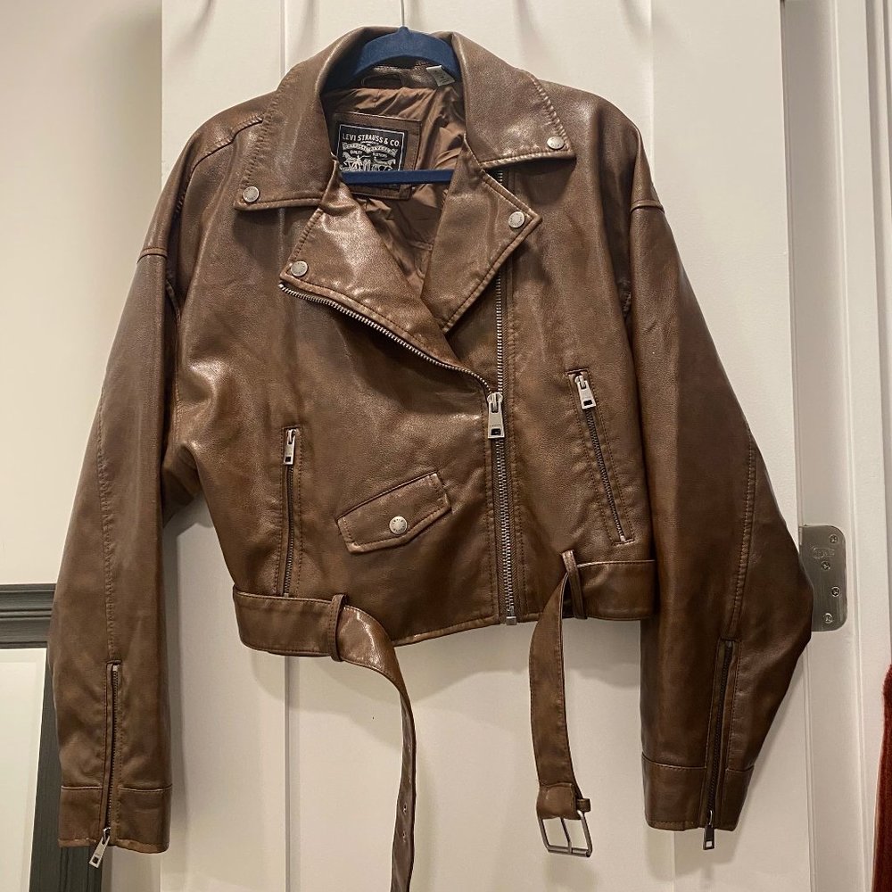 Levi's Women's Brown Faux Leather Cropped Moto Jacket in Size Medium